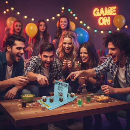 Friends playing Ship Wrecked Battle Shots drinking game at house party with blue battleship board and shot glasses