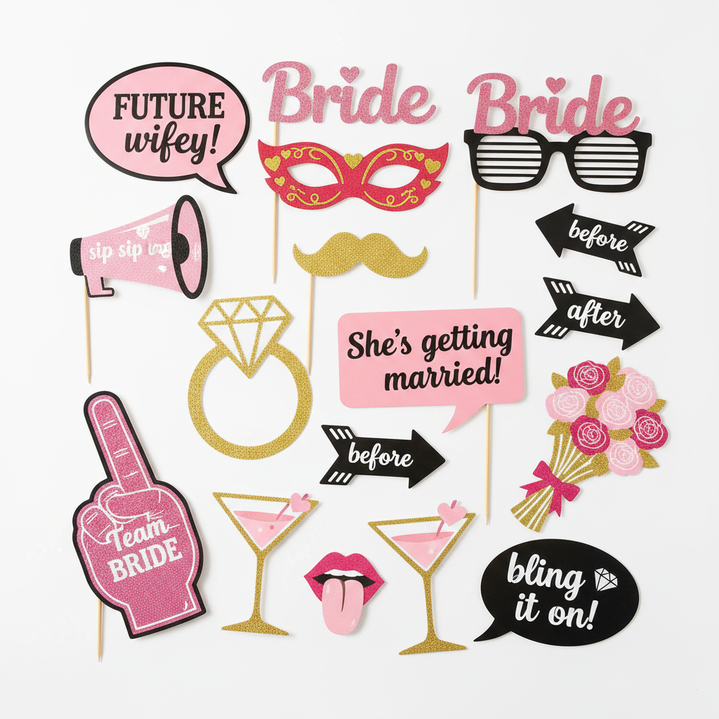 Flat lay of all Bride To Be bachelorette photo booth props on white background