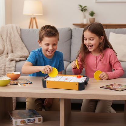 Kids playing mini wooden air hockey table game at home with paddles and puck family game night atmosphere