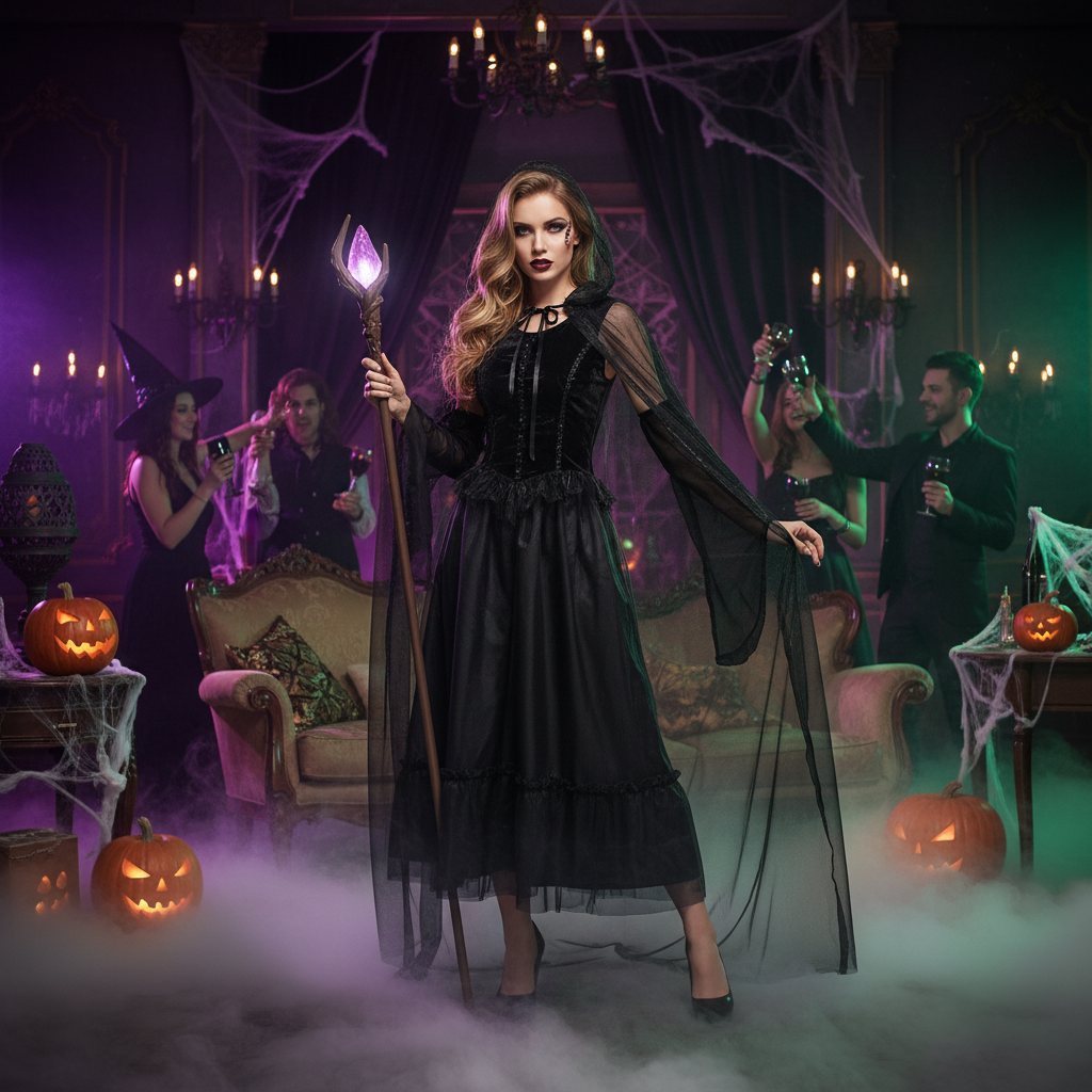 Glamorous woman in black witch Halloween costume with flowing net cape posing dramatically at Halloween theme party