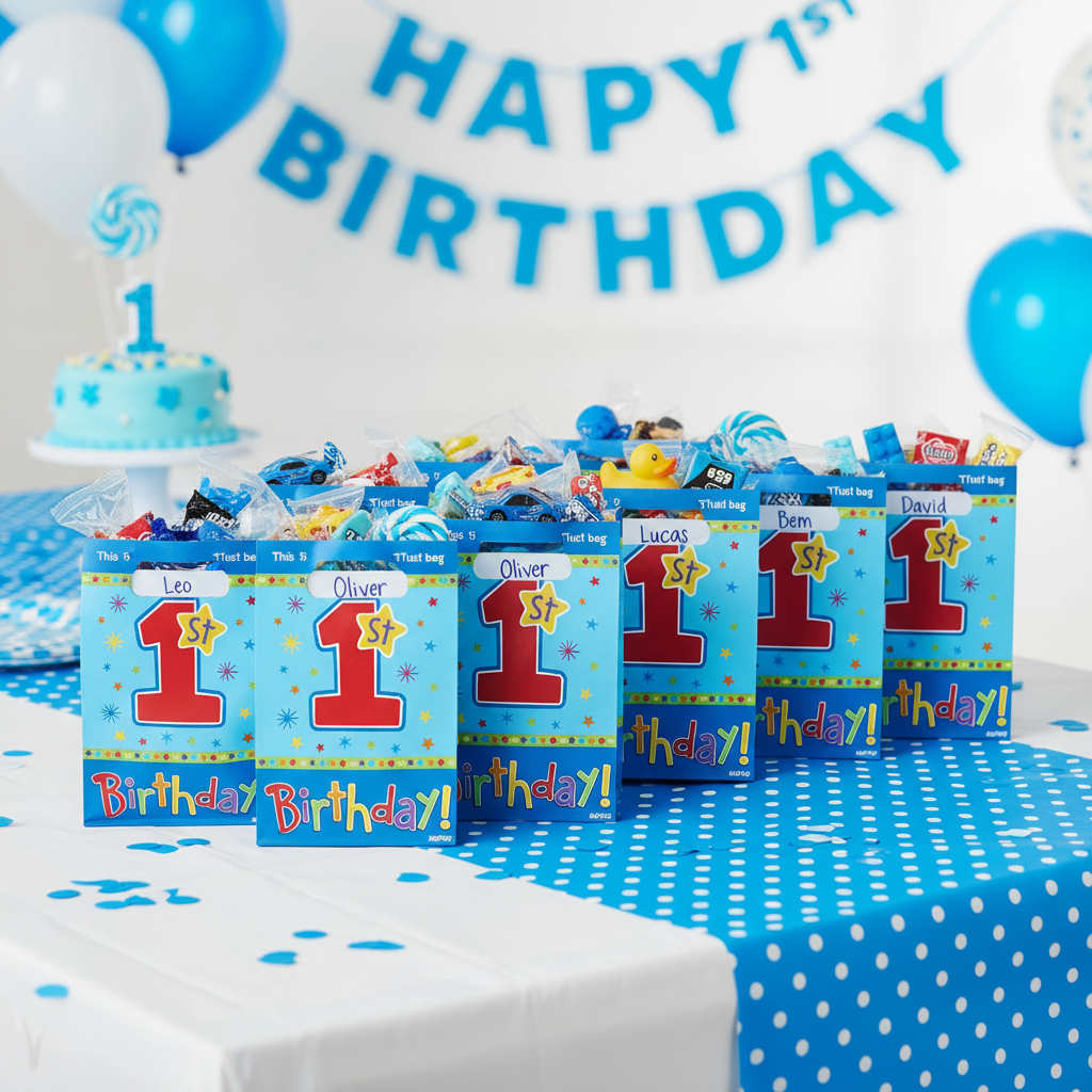 Hugs and Stitches Boy 1st Birthday Loot Bags Personalised Return Gift Display
