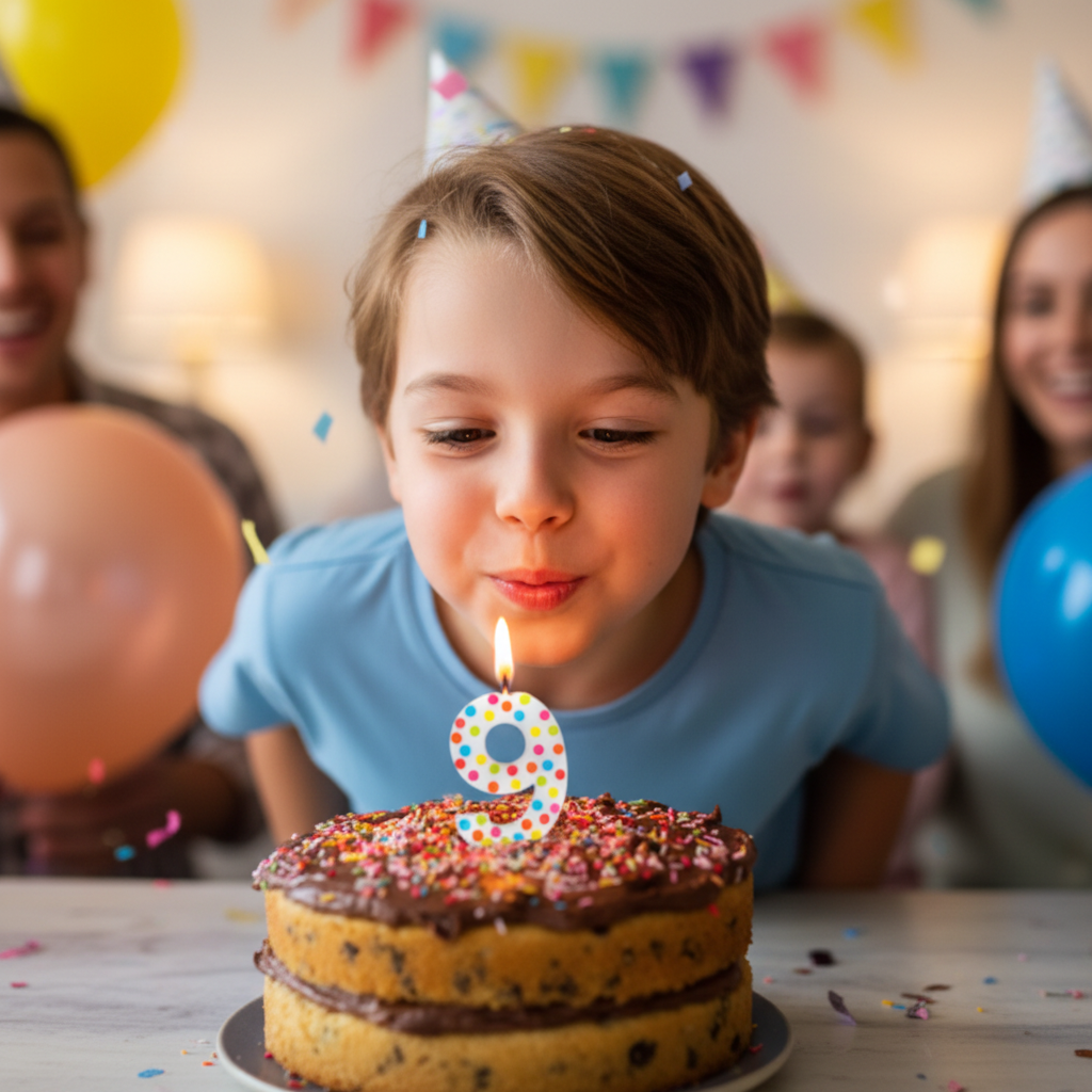 Multicolor polka dot number 9 candle lit on chocolate birthday cake child blowing