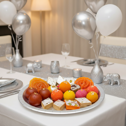 Silver shimmering oval platter plate serving desserts at Indian birthday party