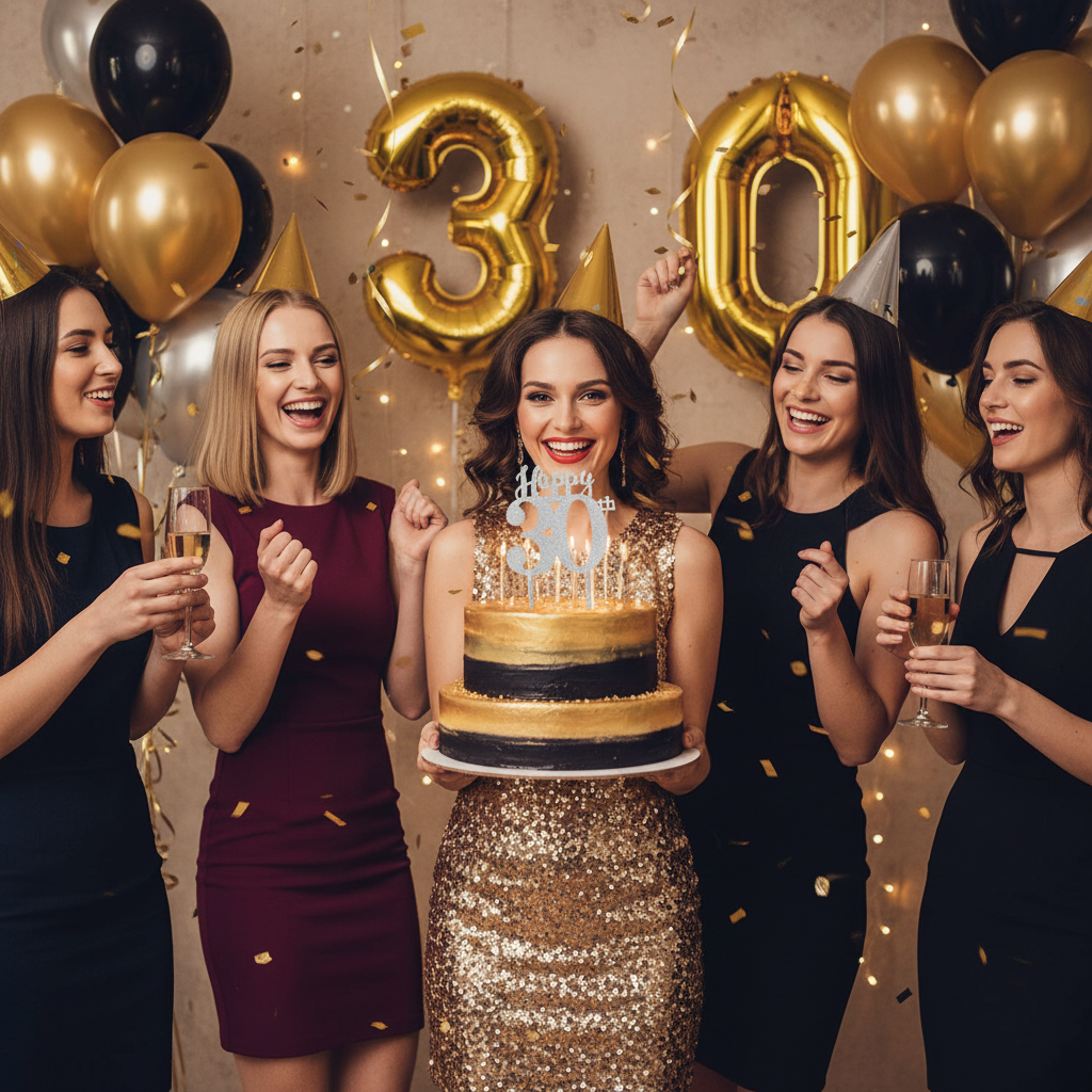 Woman celebrating 30th birthday with friends around cake topped with Happy 30th silver acrylic topper