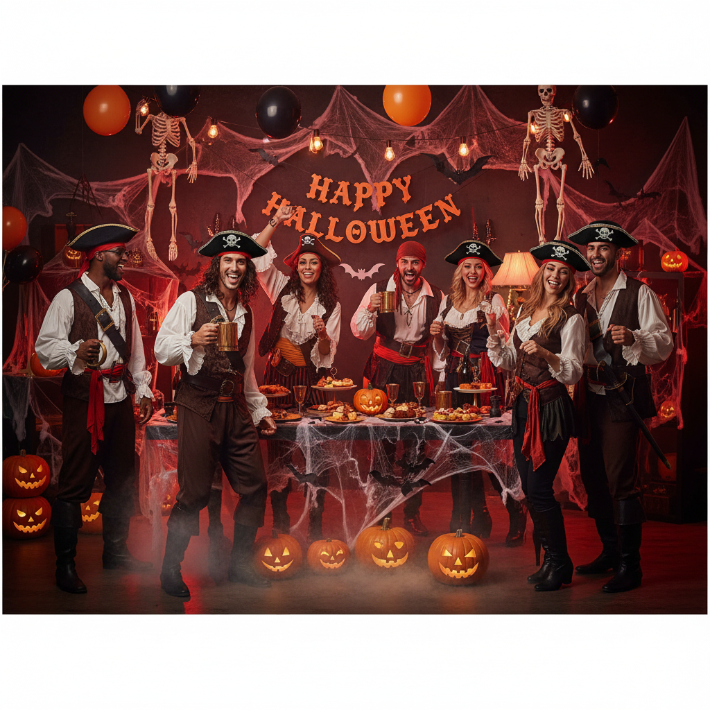 Black Pirate Tricorn Hat worn at Halloween Pirate Party