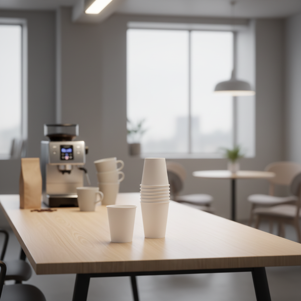 Plain White Paper Cups on Office Corporate Break Room Desk