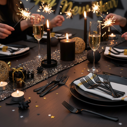 Black plastic forks on New Year's Eve party table with black silver gold decorations champagne glasses confetti and sparklers