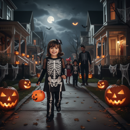 Adorable toddler in black skeleton printed costume trick or treating on Halloween night with jack o lanterns