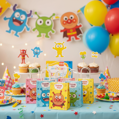 Small character themed party favor gift bags displayed on kids birthday party table with matching themed decorations