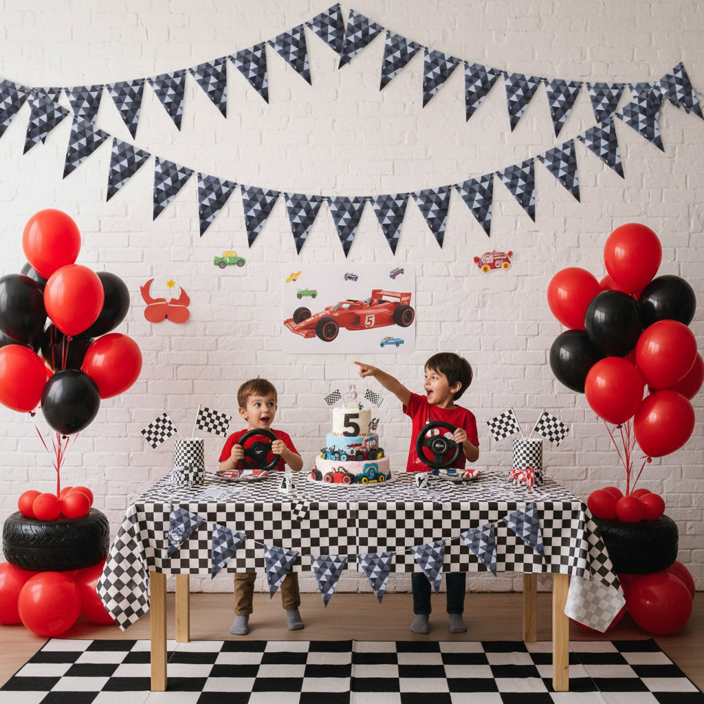 Black white chequered fractal bunting hung on wall at kids racing car birthday party