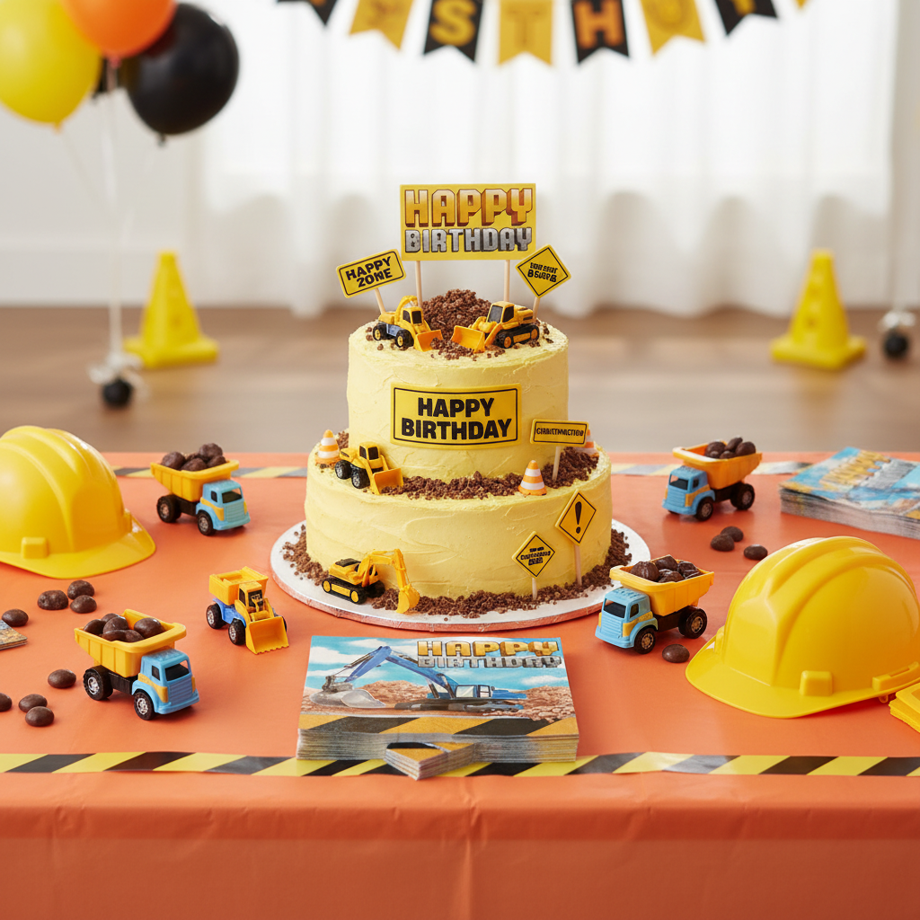 Under construction birthday party table setup with themed napkins
