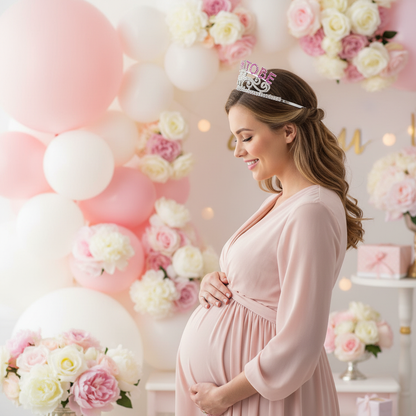 Pregnant woman wearing Mom To Be tiara side view