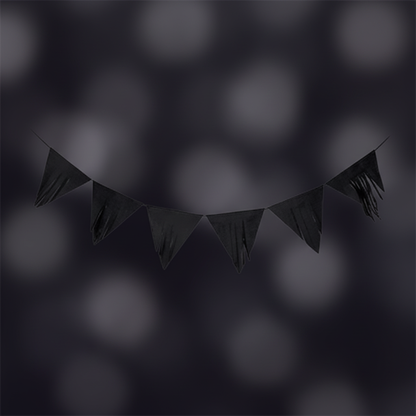 Close up detail of black triangular pennant bunting flags with sketched texture hung with string