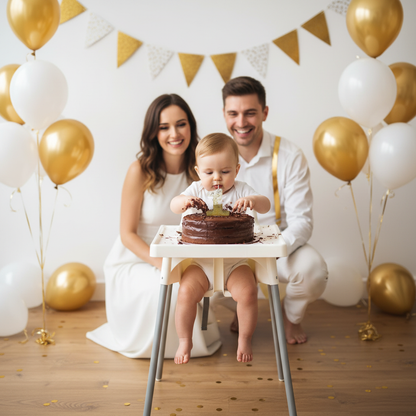 Baby celebrating first birthday with cake topped with semi glitter gold and white number 1 candle