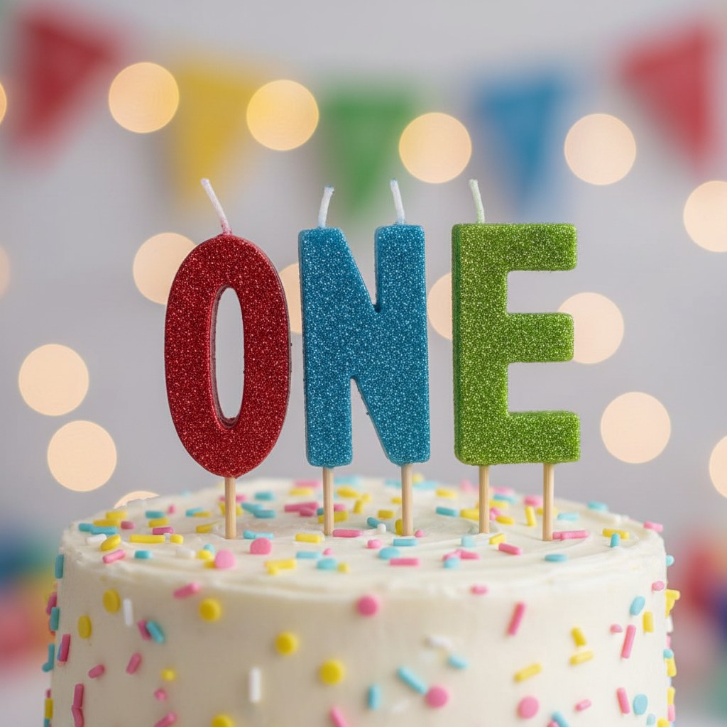 Close up detail of ONE glitter letter birthday candles showing red O blue N green E glitter finish