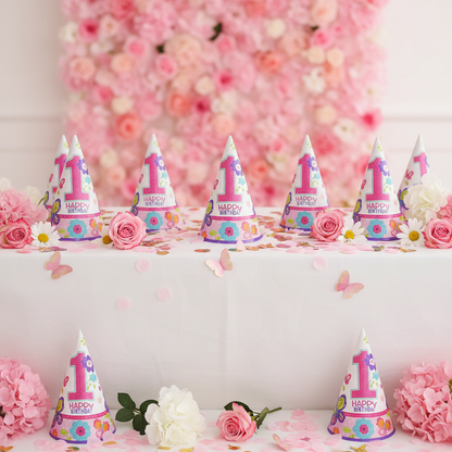 1st Birthday Butterflies & Flower Cone Hats at Party Table Setup