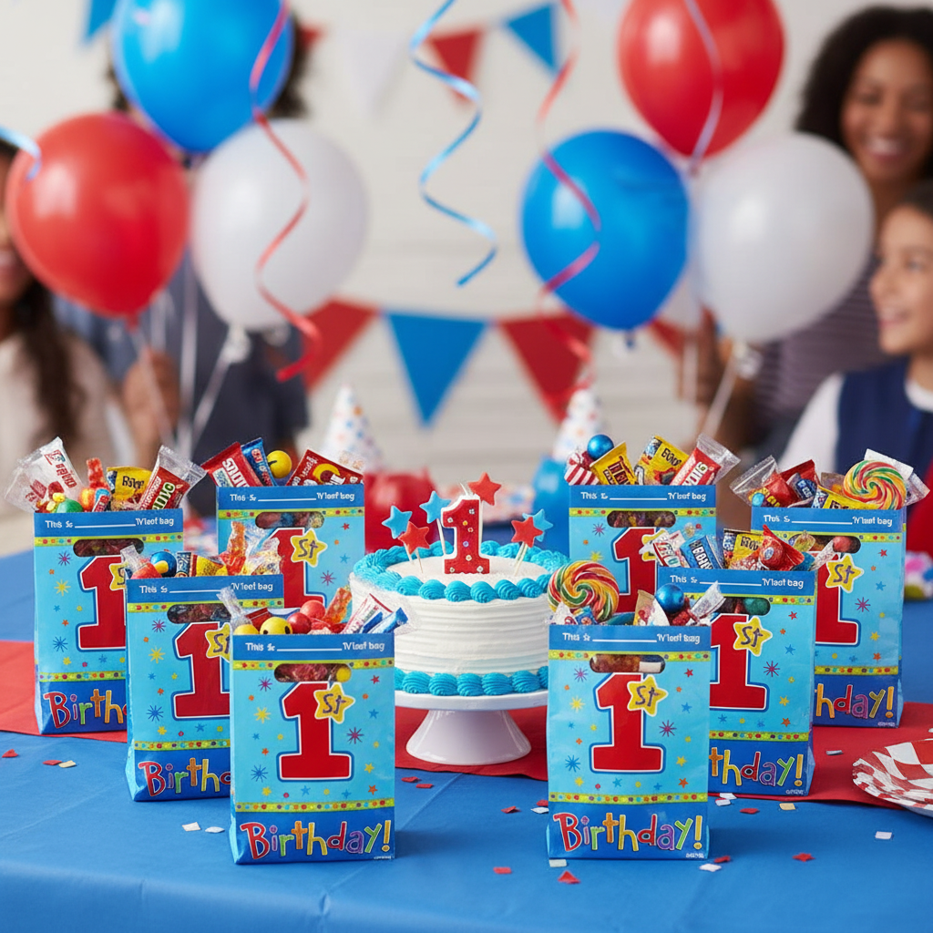 Hugs and Stitches Boy 1st Birthday Loot Bags at Birthday Party Table Setup