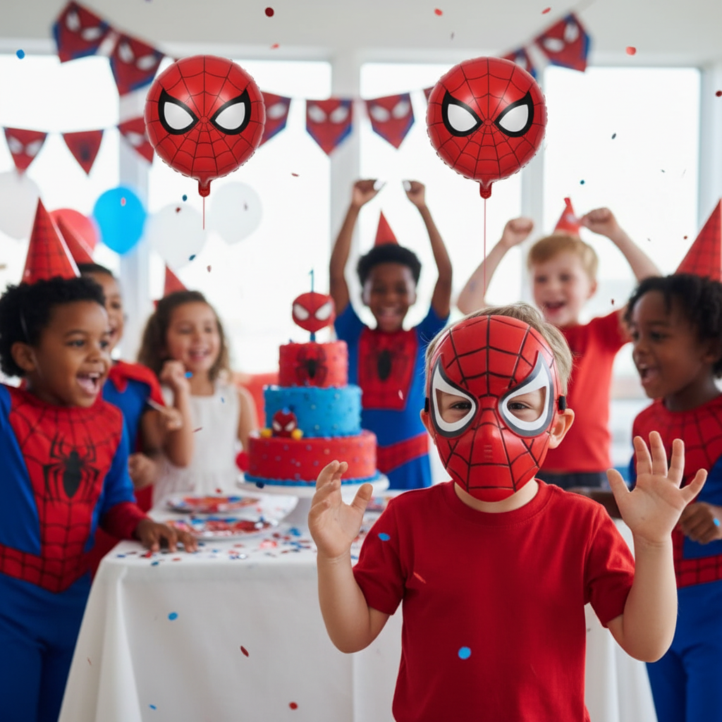 Spiderman Superhero Mask worn by Boy at Spiderman Themed Birthday Party