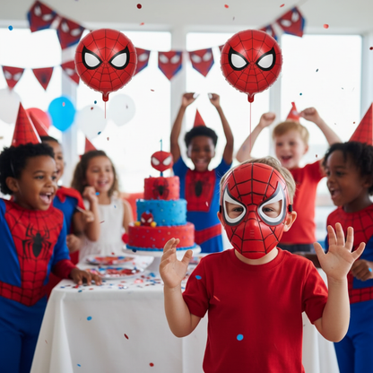 Spiderman Superhero Mask worn by Boy at Spiderman Themed Birthday Party