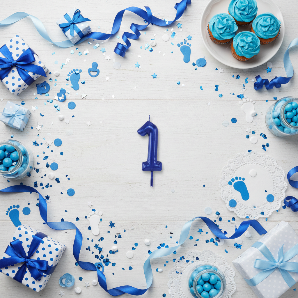 Blue number 1 candle flat lay with blue ribbons gift boxes and party decor