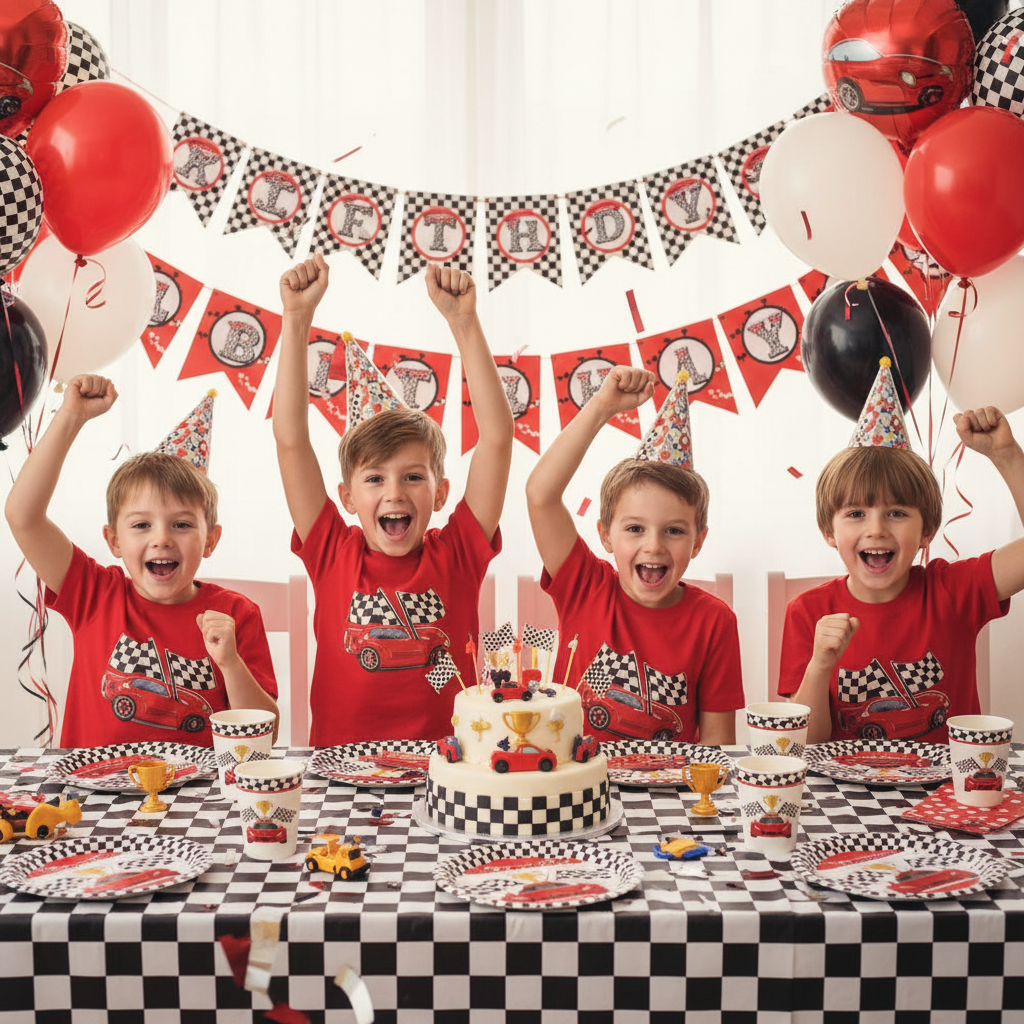 Race Car Theme Paper Cups on Race Car Themed Birthday Party Table