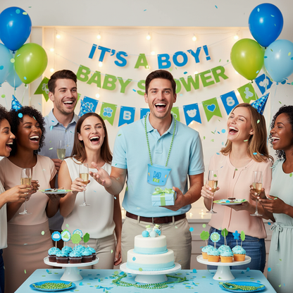 Group at baby shower party with Dad To Be necklace shot glass