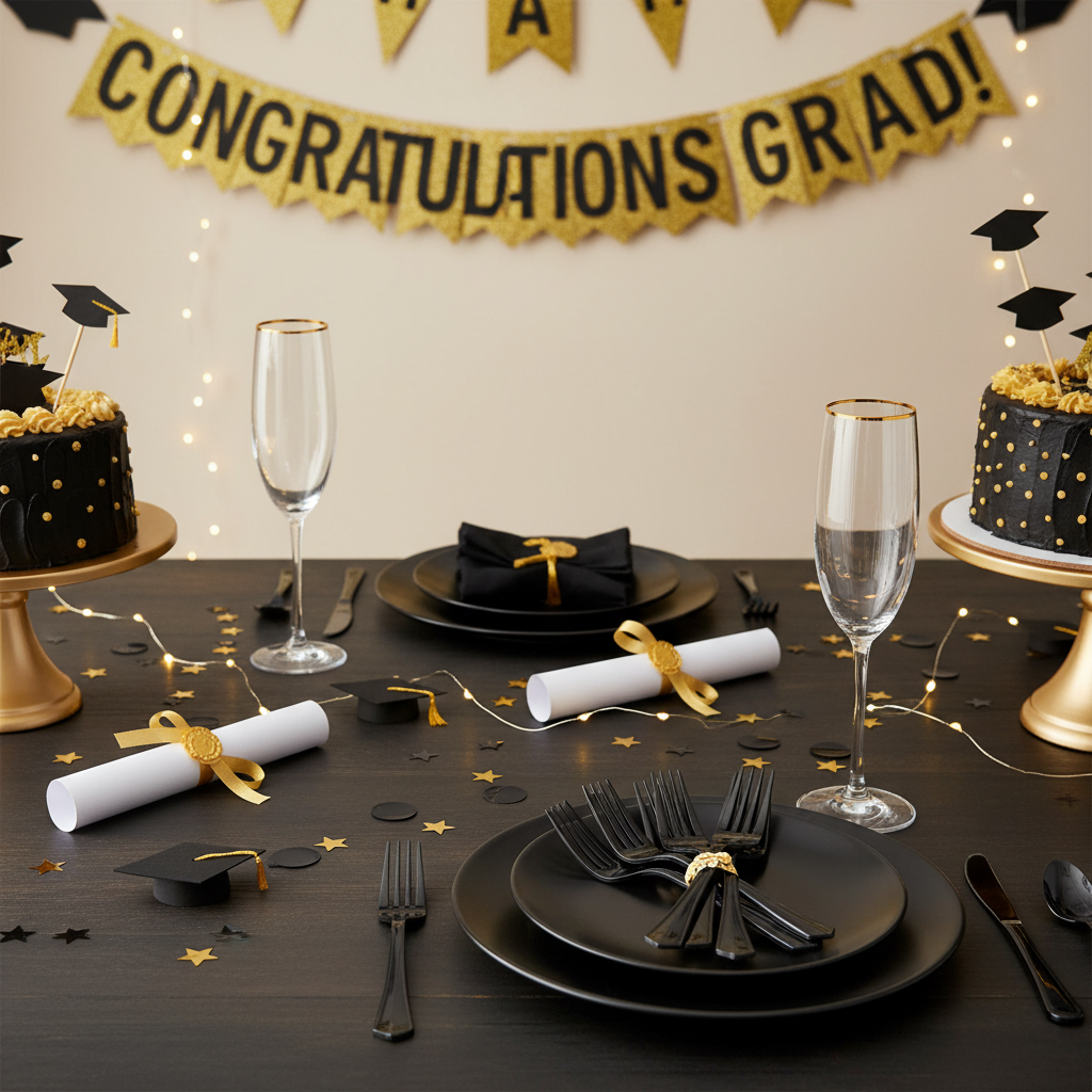 Black plastic forks on graduation party table with black and gold decorations diploma props and congratulations banner
