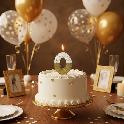 Semi glitter gold and white number 0 candle lit on white frosted birthday cake with gold balloons