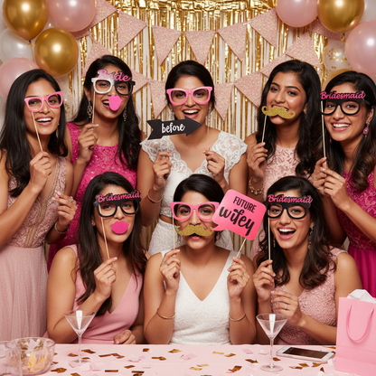 Indian women at bachelorette party using Bride To Be photo booth props