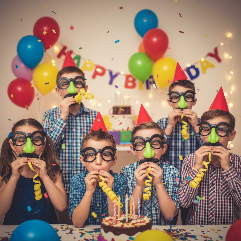 Kids wearing fun mustache blowout favors at birthday party with balloons