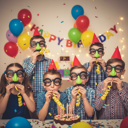 Kids wearing fun mustache blowout favors at birthday party with balloons