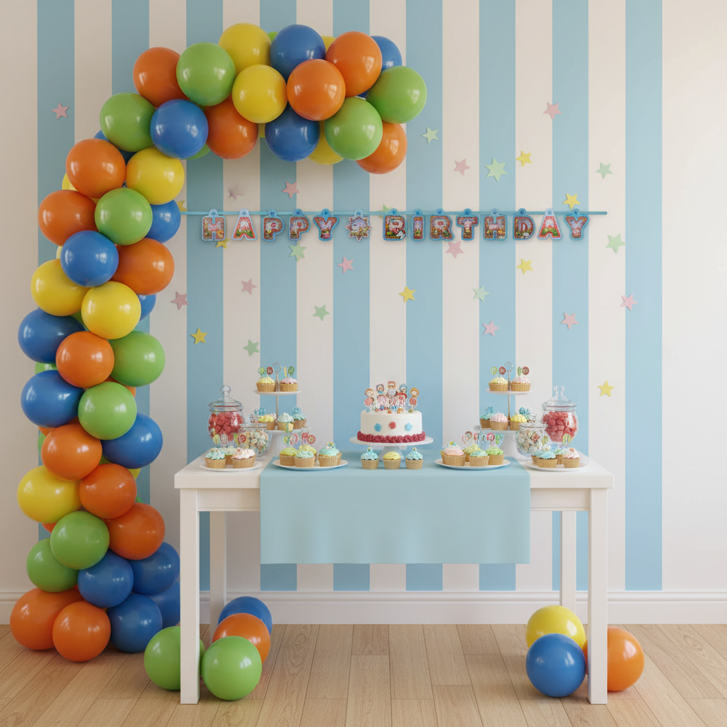 Happy Birthday letter banner with balloon arch and dessert table setup
