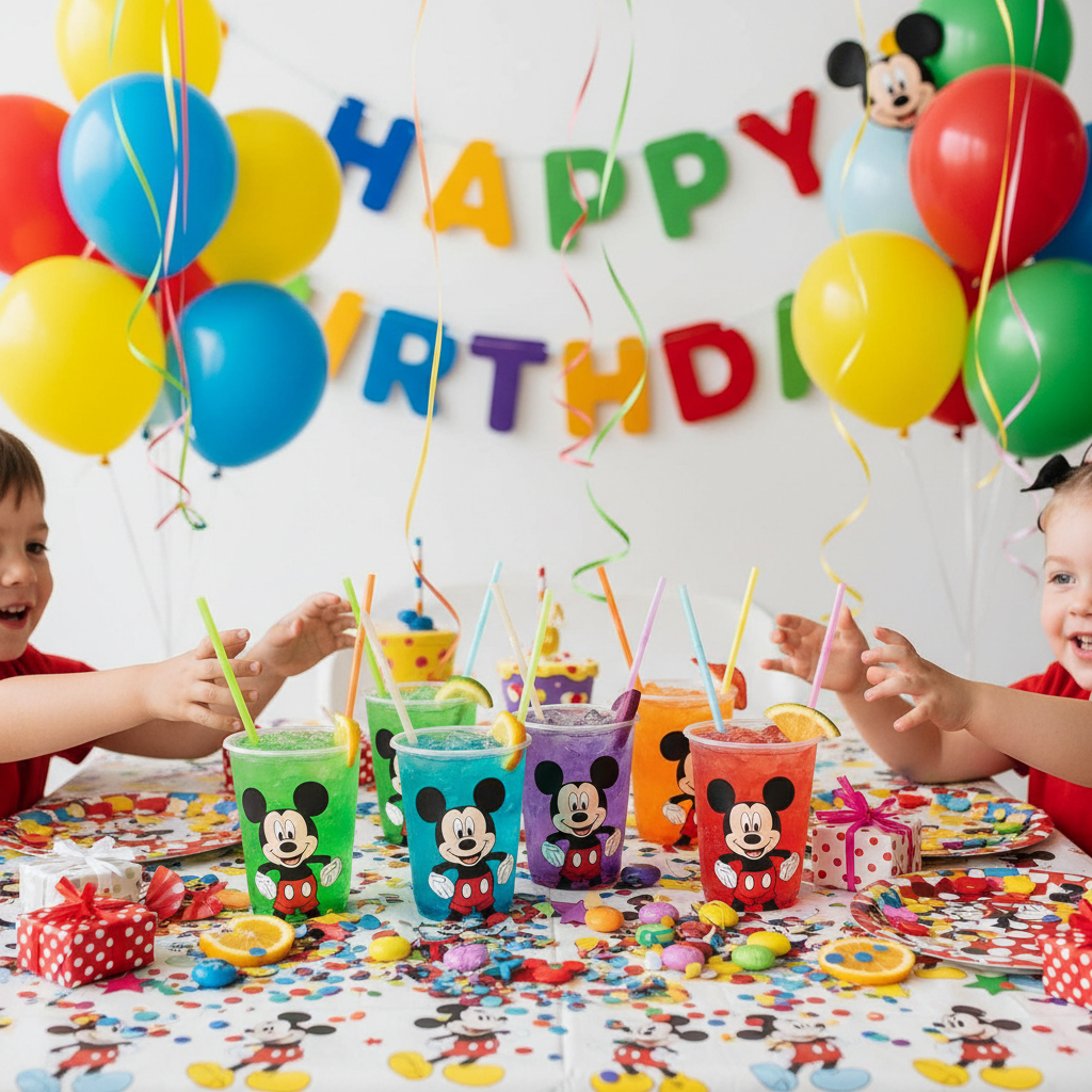 Mickey Mouse cups filled with colorful drinks at a kids birthday party table