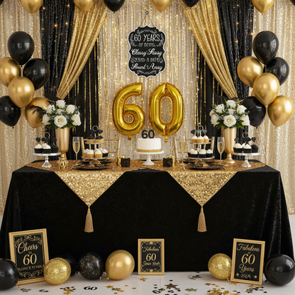 60 Years Classy Sassy Sign at Gold Black Party Backdrop