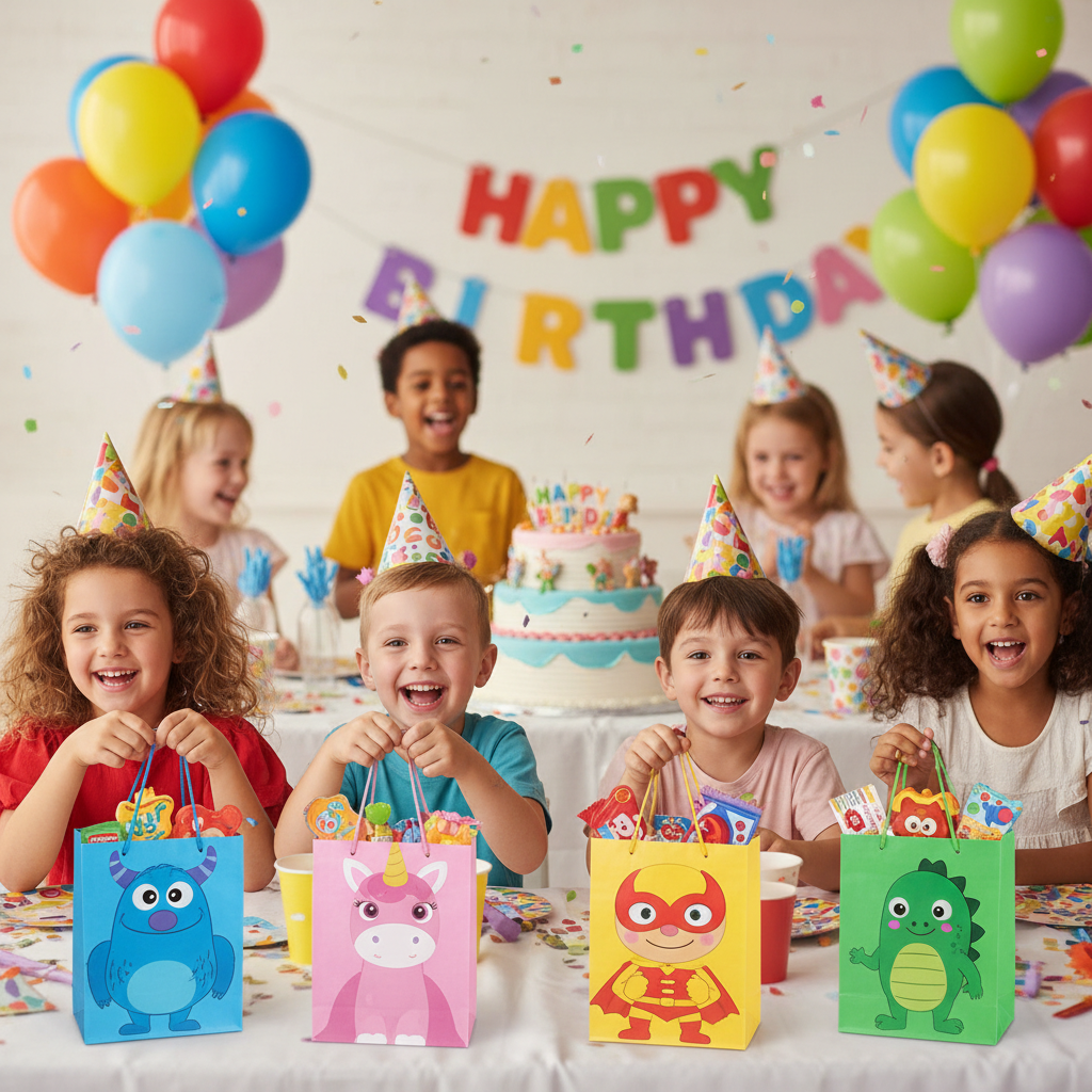 Children happily receiving colorful character gift bags at fun kids birthday party with balloons cake and decorations