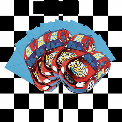 Race Car Jumbo Party Invitations Pack of 8 with Blue Envelopes