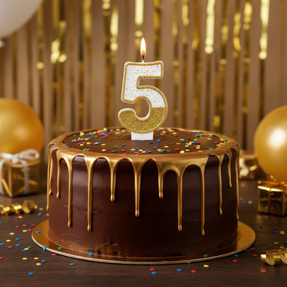 Semi glitter gold and white number 5 candle on chocolate cake with gold drip and confetti