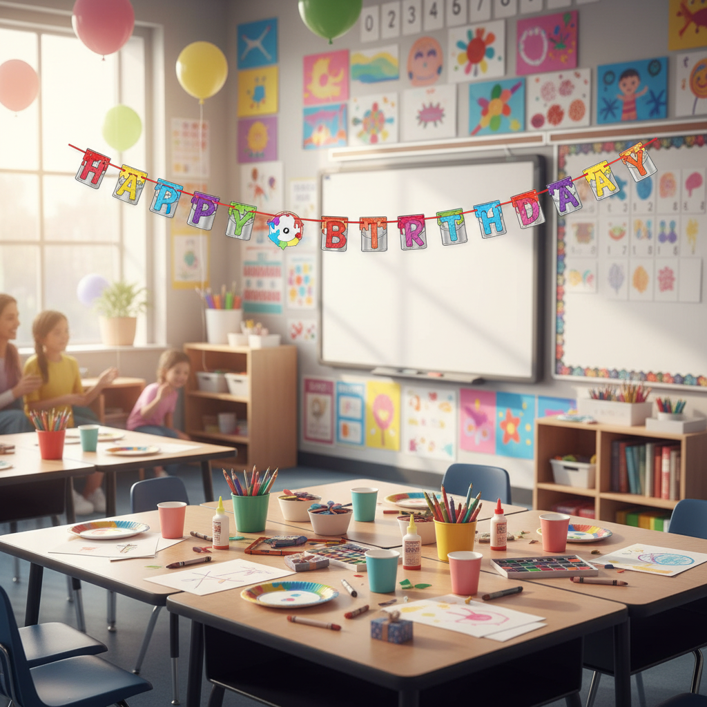 Art Attack Happy Birthday Letter Banner at School Classroom Birthday Celebration