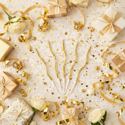 Twisty metallic golden spiral candles flat lay with gold ribbons gift boxes and party decor
