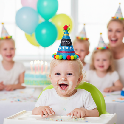 Birthday Brights Blue Cone Hat worn by Baby Boy at Birthday Party