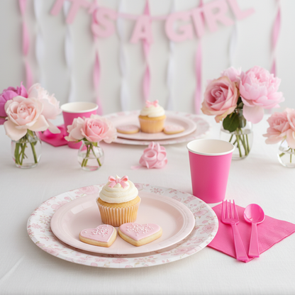 Hot pink plastic forks on baby girl shower table with pink floral decorations cupcakes and cookies soft elegant atmosphere
