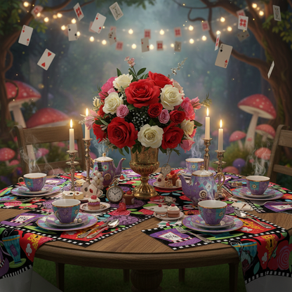 Alice in Wonderland tea party table setup with Wonderland napkins