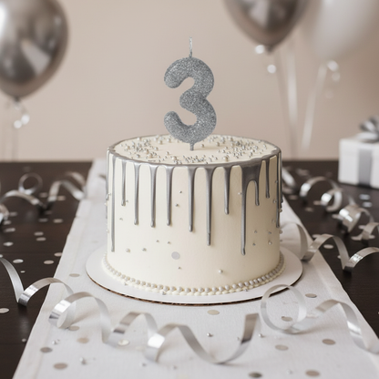 Silver glitter number 3 candle on white cake with silver drip and confetti