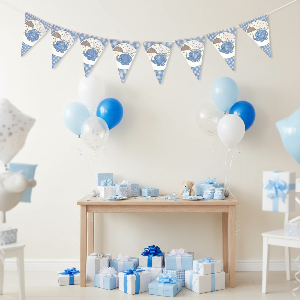 Baby shower blue elephant bunting hung on wall at indoor baby shower party with balloons