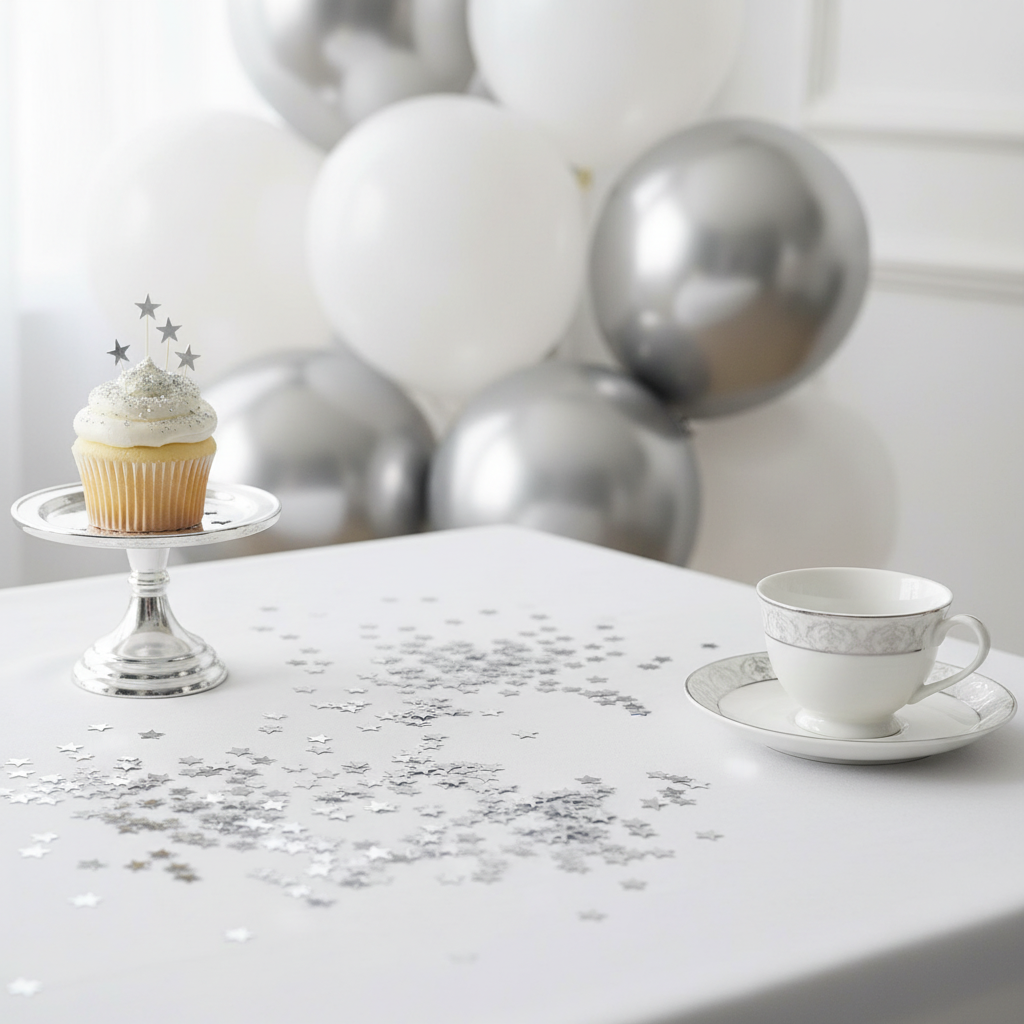 Shiny silver metallic star confetti scattered on white birthday party table with silver balloons
