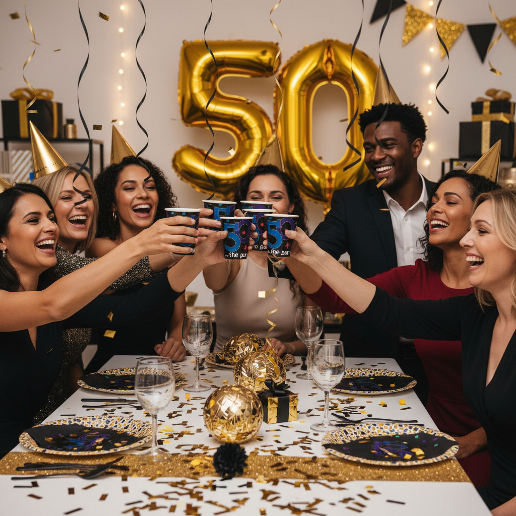 Guests Celebrating at 50th Birthday Party Holding The Party Continues Paper Cups