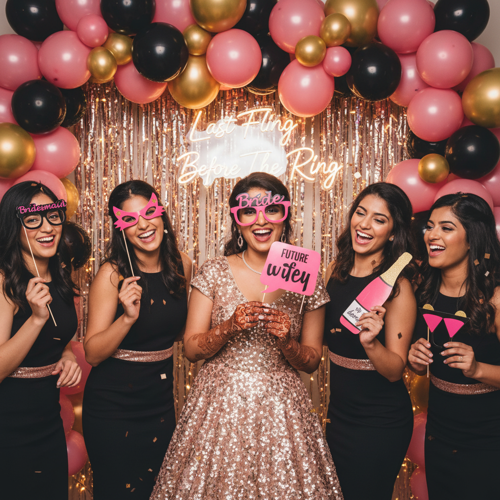Indian bride and bridesmaids at bachelorette party with photo booth props
