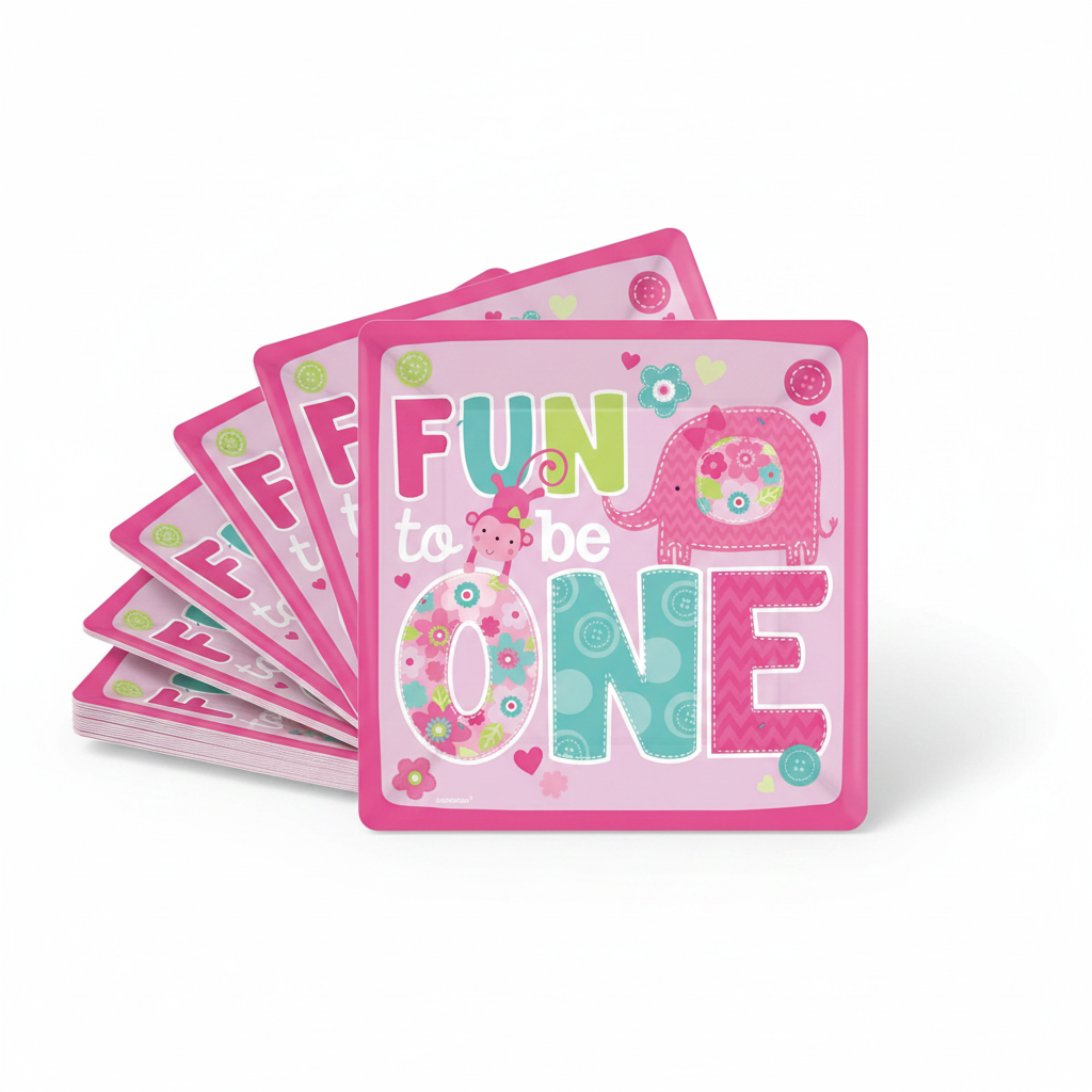 Fun to be One pink square paper plates close up product shot