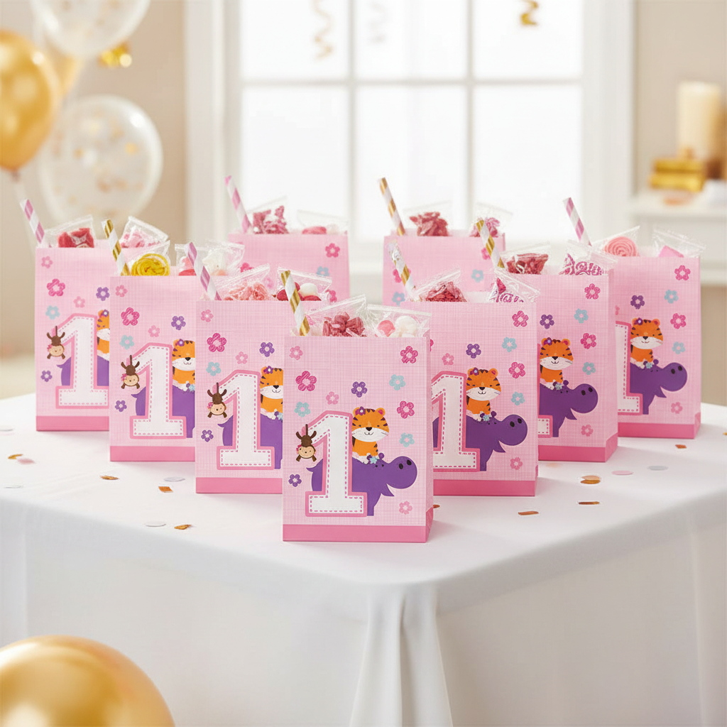 One is Fun Girl Loot Bags Pink Return Gift Display at 1st Birthday Party