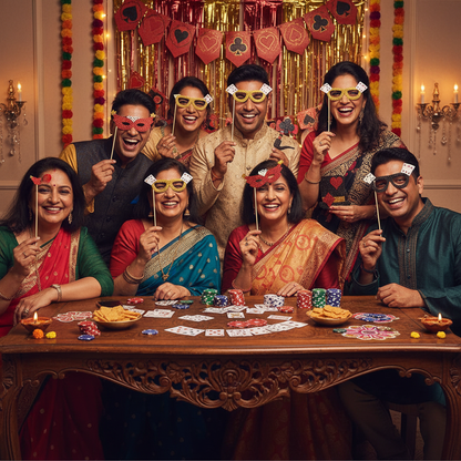 Indian adults at Diwali card party using casino photo booth props